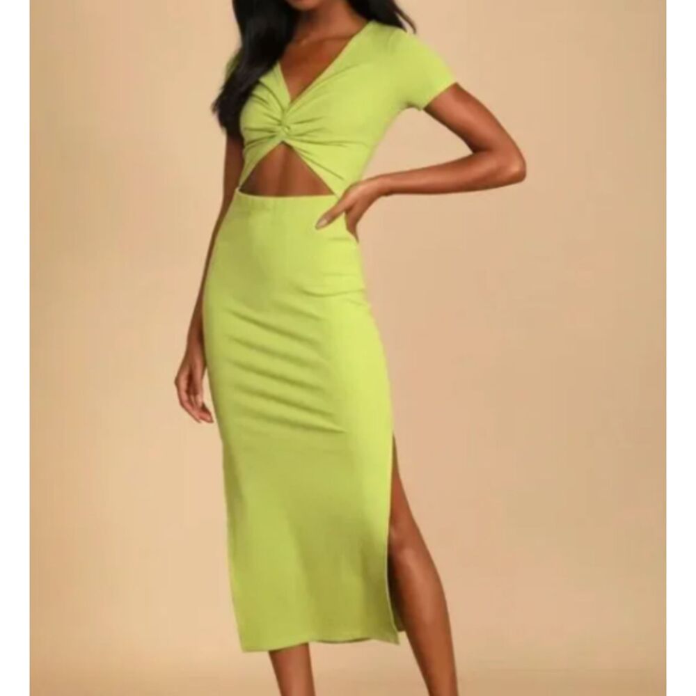 Lulus Green Ribbed Cutout Twist Front Midi Dress Size Large